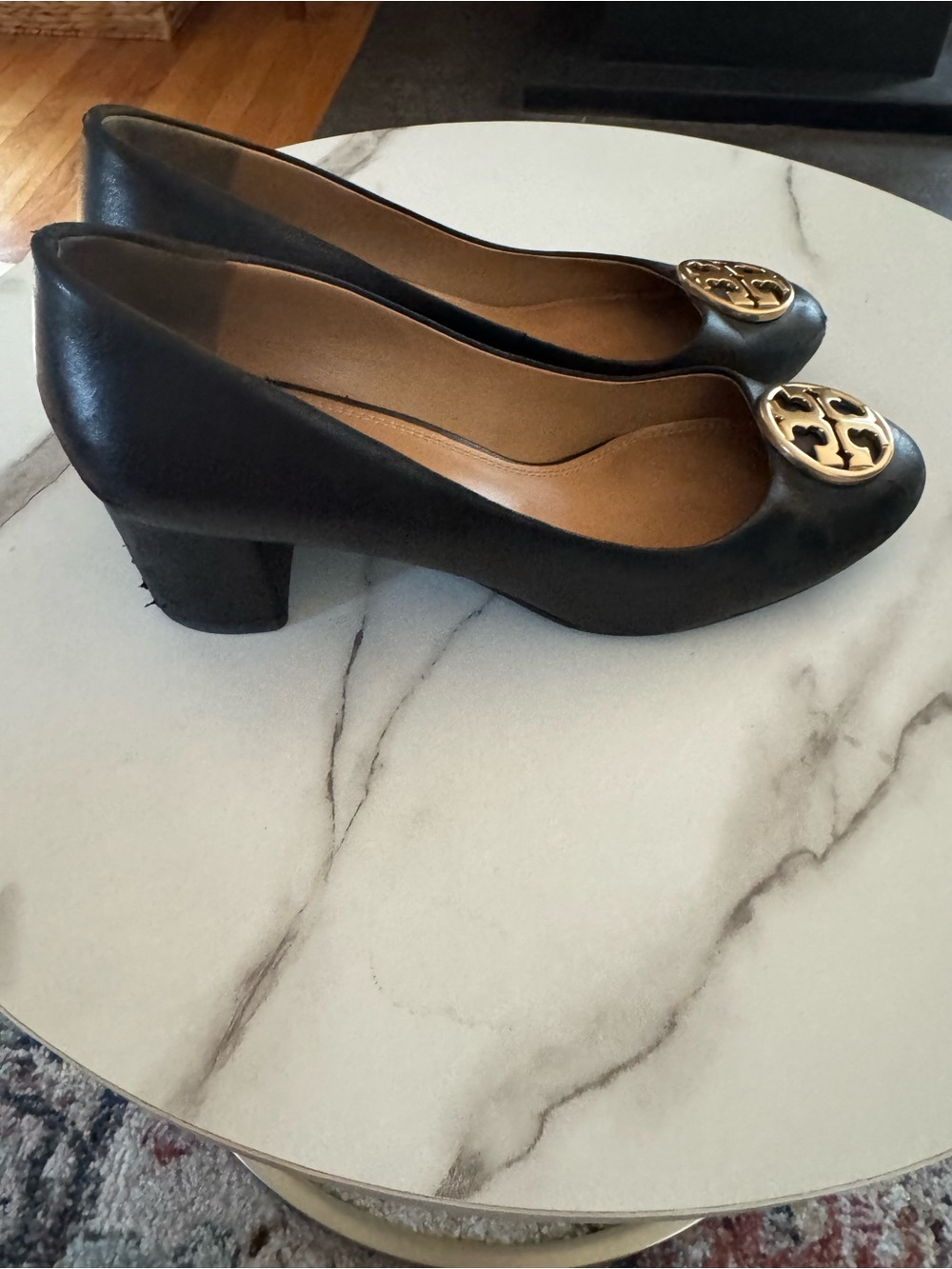 Tory Burch Black Leather Mid-Heel Pumps with Gold Logo